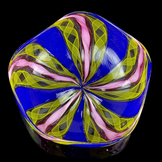 Beautiful vintage Murano hand blown cobalt blue, bright yellow and pink ribbons Italian art glass sand dollar / star...