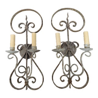 Vintage Wrought Iron French Wall Sconces Electrified With Patina - a Pair For Sale
