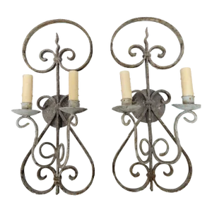 Vintage Wrought Iron French Wall Sconces Electrified With Patina - a Pair