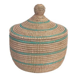 African Basket W/ Lid Senegal West Africa 13.5" H For Sale