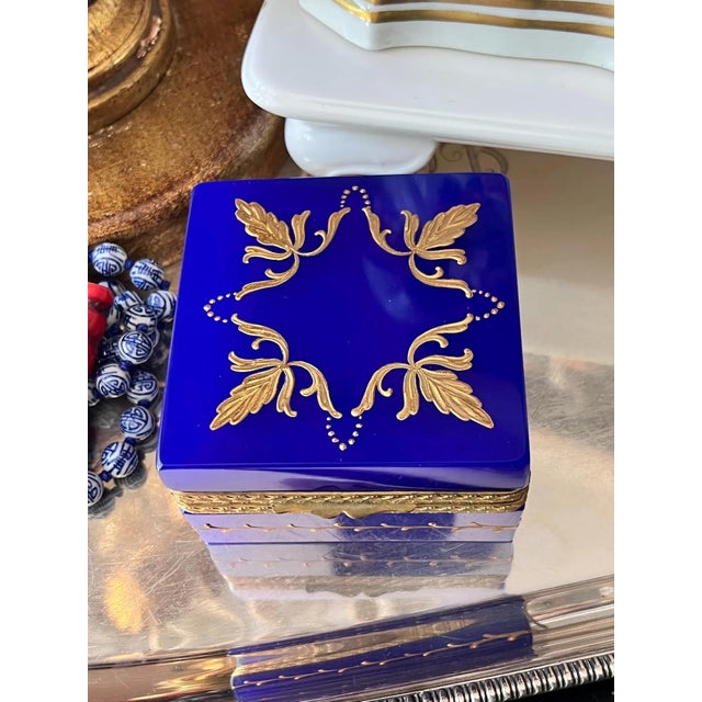 1960s Cobalt / Lapiz Italian Opaline Glass Casket With Gold Mounts and Beautiful Enamel Detail For Sale In Kansas City - Image 6 of 12