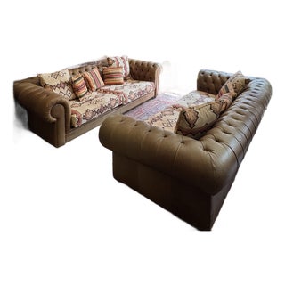 Pair of Vintage Chesterfield Style Leather Sofas With Kilim Fabric Cushions For Sale