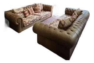 Pair of Vintage Chesterfield Style Leather Sofas With Kilim Fabric Cushions
