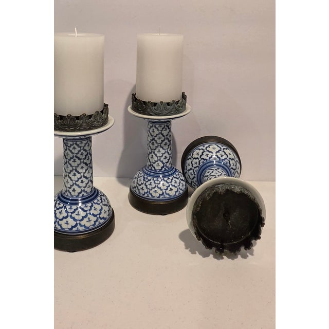 Vintage Thai Blue & White Porcelain Candlestick Holders - Set of 3 For Sale - Image 4 of 5