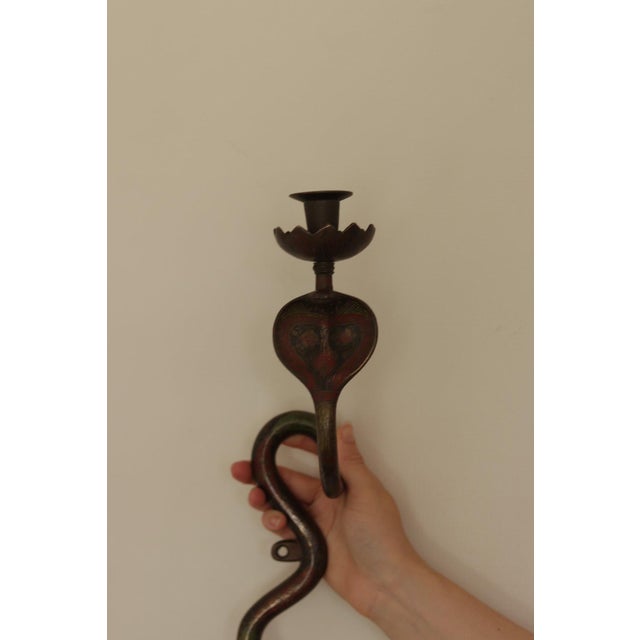 Metal Egyptian Revival Engraved Brass Enameled Cobra Sconces, Set of 2 For Sale - Image 7 of 13
