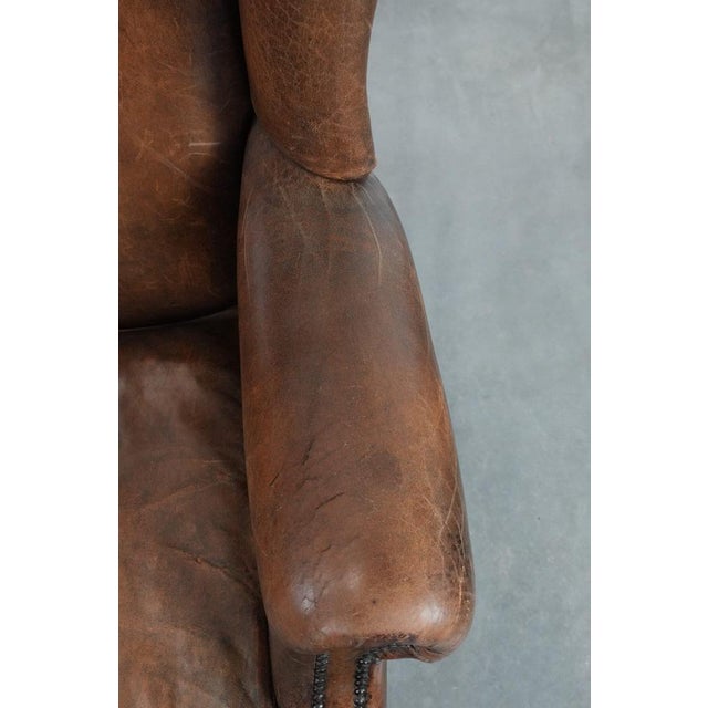 Brown Large Vintage Wing Club Chair in Sheepskin Leather For Sale - Image 8 of 15