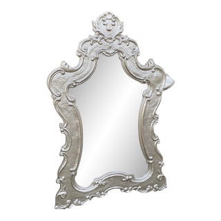 Vintage Oversized Silver Wooden Rococo Style Wall Mirror For Sale