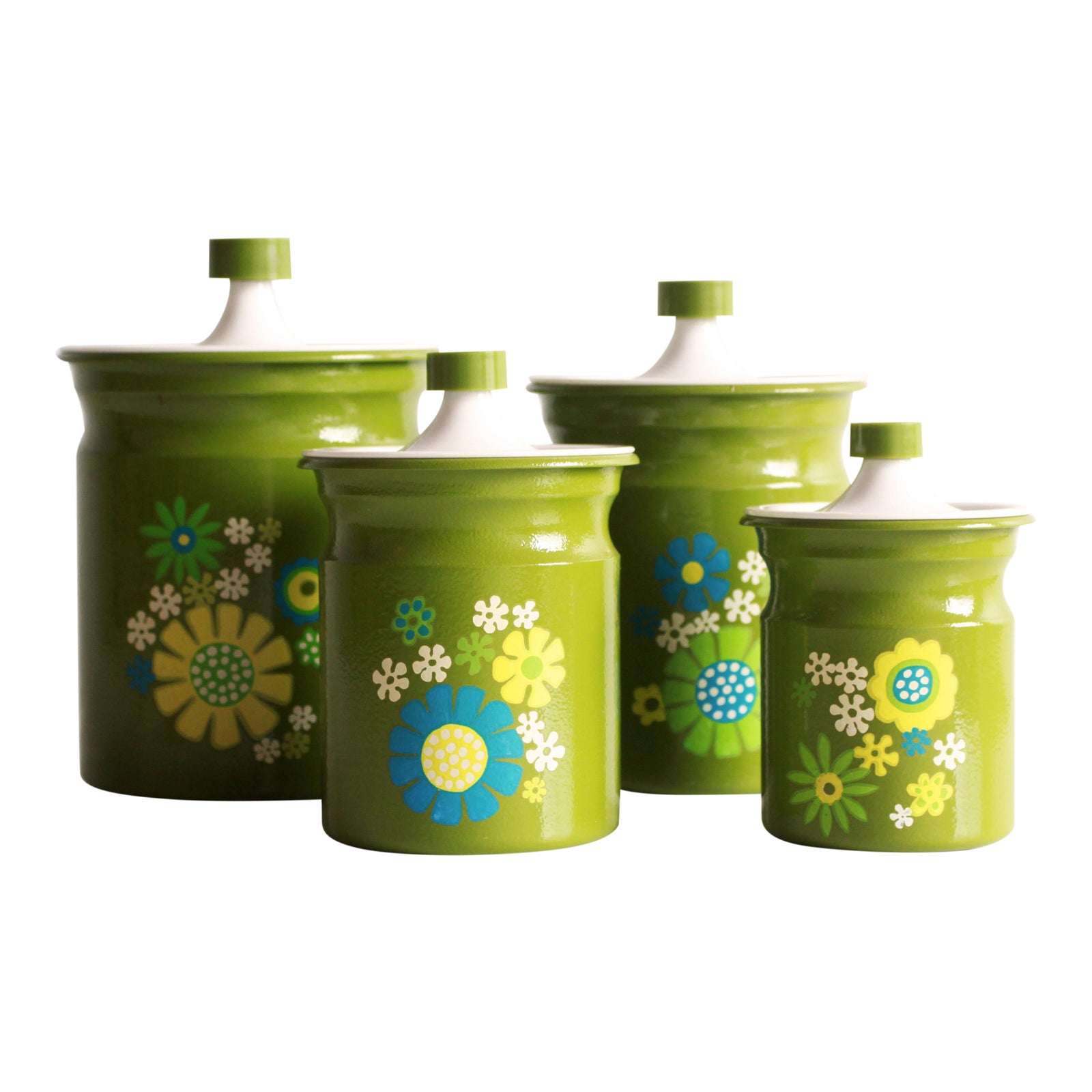 Vintage 1970s Flower Power Green Kitchen Canister - Set of 4