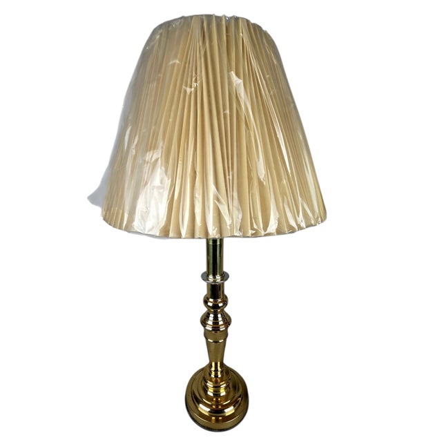 Pair of Vintage Solid Brass Candlestick Table Lamps With Knife-Pleated Shades For Sale - Image 4 of 13