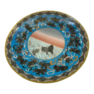 Antique Japanese Meiji Period Cloisonne Charger With Shishi Lion Dogs and Turtle With Hairy Tails
