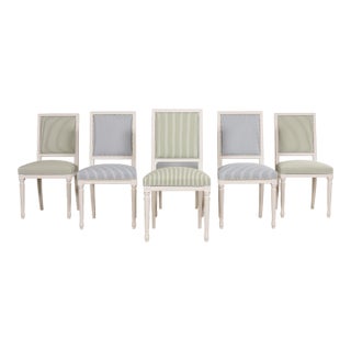 French Louis XVI Style Painted Dining Chairs in Blue & Green Stripe, Set of 6 For Sale