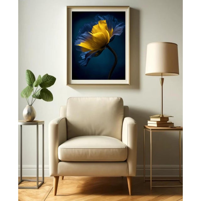 A beautiful still life of a colorful blue and yellow flower against a slightly blue background . The elegance of the...