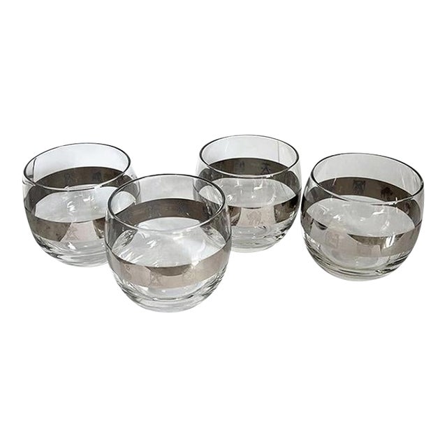 Mid-Century Silver and Glass Roly Poly Astrology Motif Cocktail Glasses- Set of 4 For Sale
