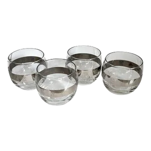 Mid-Century Silver and Glass Roly Poly Astrology Motif Cocktail Glasses- Set of 4