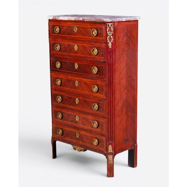 Pair of 19th Century French Louis XVI Gilt-Bronze & Parquetry Marble-Top Semainiers For Sale In Los Angeles - Image 6 of 11