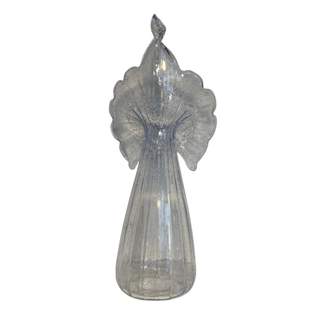 Late 20th Century 21 In. Tall Art Glass Clear Fluted Confetti Blue Speckled Flower Shaped Vase For Sale - Image 5 of 17