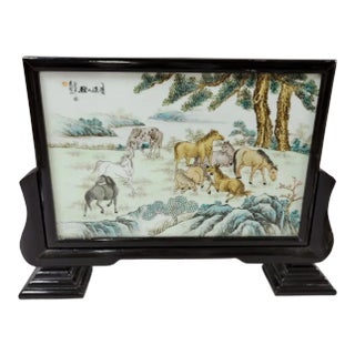 1980's Chinese Porcelain Painting of 8 Horses in Frame For Sale