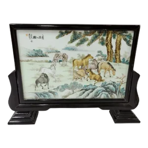 1980's Chinese Porcelain Painting of 8 Horses in Frame
