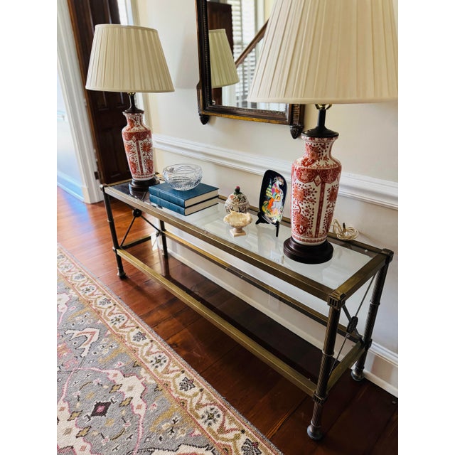 Vintage Neo-Classical Aged Brass Two Tier Console Table For Sale - Image 6 of 12