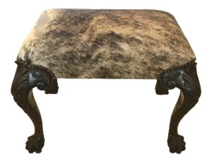 Vintage Carved Mahogany and Cowhide Ottoman