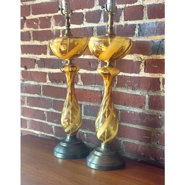 Pair of Italian Murano Ribbon Glass Amber Table Lamps For Sale - Image 6 of 7