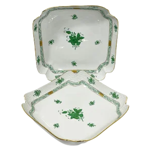 Chinese Bouquet Apponyi Green Porcelain Salad Dishes from Herend Hungary, Set of 2