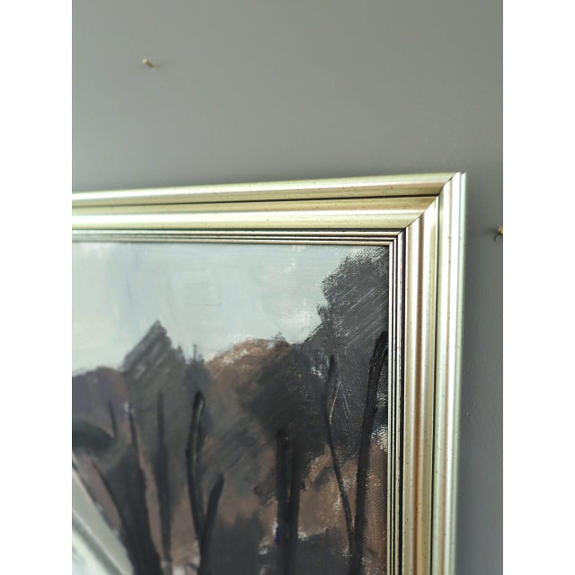 Gray Mid-Century Modern 'Still Coast' Vintage Swedish Abstract Coastal Landscape Oil Painting, Framed For Sale - Image 8 of 13