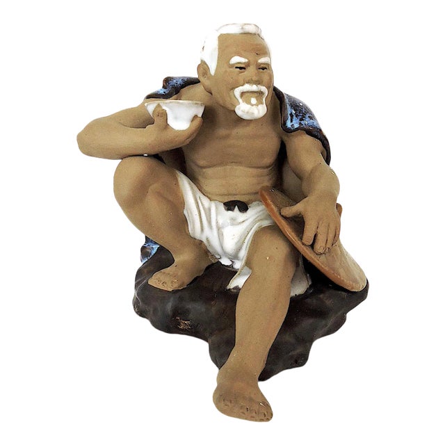 1980's Chinese Shiwan Figure of the Elderly Rice Field Worker With. Blue Cape and Hat, Garden Ornament Figure For Sale