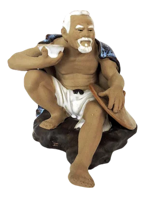 1980's Chinese Shiwan Figure of the Elderly Rice Field Worker With. Blue Cape and Hat, Garden Ornament Figure
