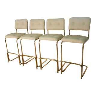 Mid Century Milo Baughman Style Cantilever Upholstered Bar Stools For Sale