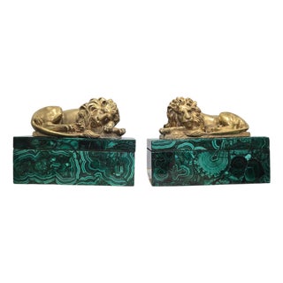 Antique European Malachite Boxes with Gilt Bronze Lion Mounts, 1900 For Sale