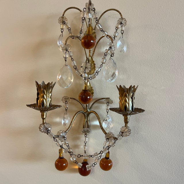 Italian Antique Pair of Italian Gold Gilt & Crystal Candle Sconces For Sale - Image 3 of 12