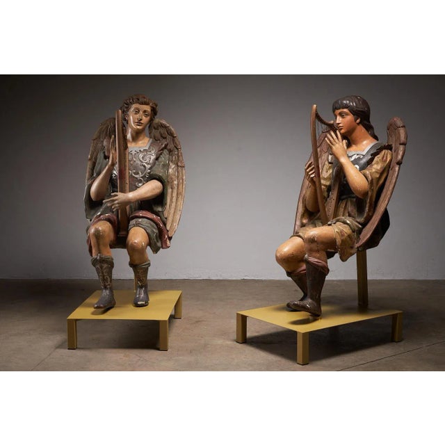Antique Hand-Painted Wooden Angel and Harp Sculpture For Sale - Image 9 of 11