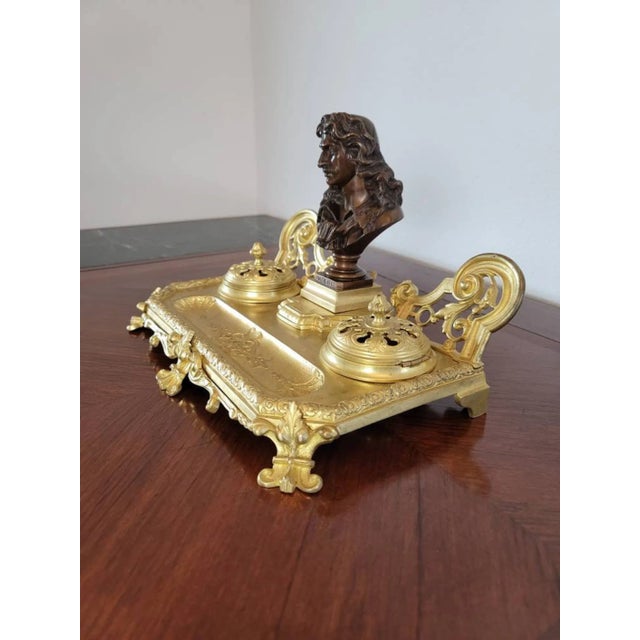19th Century French Gilt Bronze Encrier Desk Stand Double Inkwell, Signed Jf For Sale - Image 9 of 11