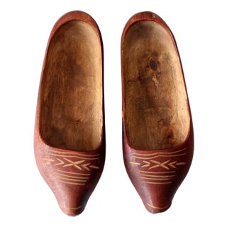 Vintage Folk Art Carved Wood Clogs For Sale