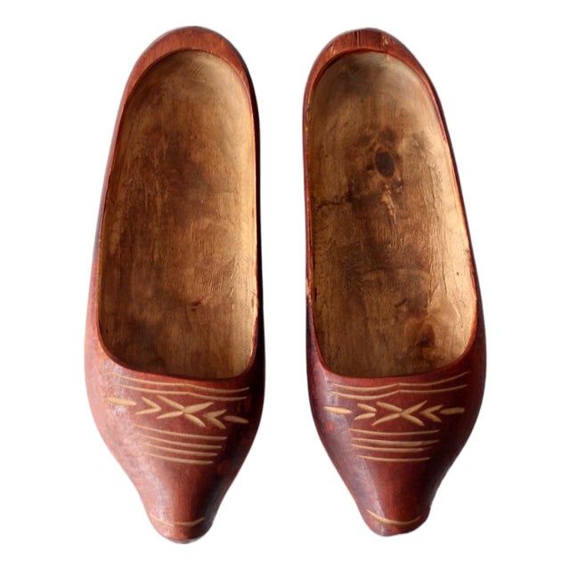 Vintage Folk Art Carved Wood Clogs For Sale