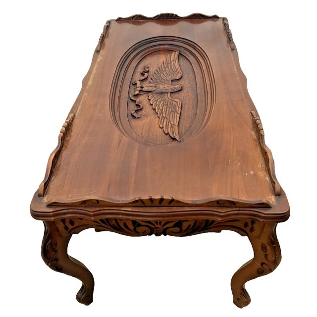 Brown 1960s Cocktail Coffee Table Colonial Revival Carved Eagle Glass Top Cabriole Legs For Sale - Image 8 of 12