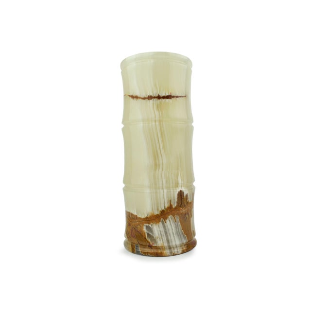 Elevate your home decor with the sleek sophistication of this Modern Cylinder Bamboo Design Carved Solid Onyx Stone Vase....