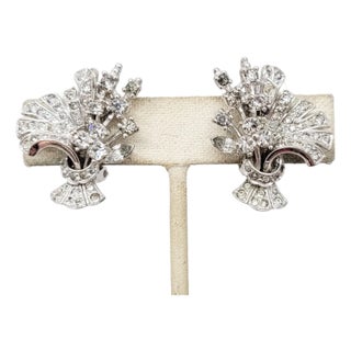 Vintage 1950s Signed Pennino Rhodium Plated Clear Rhinestone Floral Spray Clip Earrings - 2 Pieces For Sale