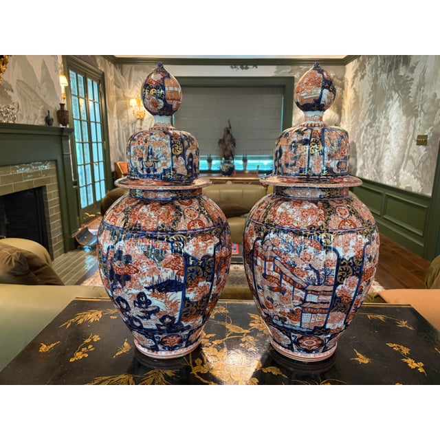 Ceramic Large Pair of 19th Century Imari Japanese Temple Jars With Covers For Sale - Image 7 of 12