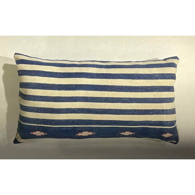 Blue Single Flat Weave Antique Textile Pillow For Sale - Image 8 of 9