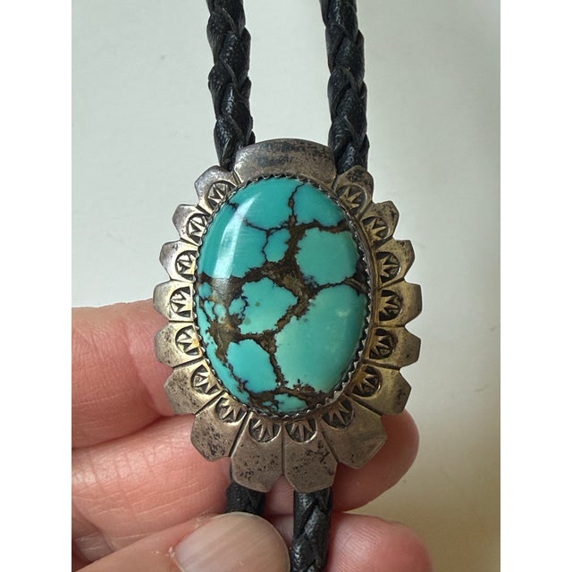 Vintage Navajo Sterling Silver and Turquoise Bolo Tie Signed Ap For Sale - Image 4 of 7