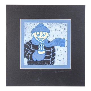 Winter Figure & Hot Chocolate Serigraph in Blue & Black For Sale