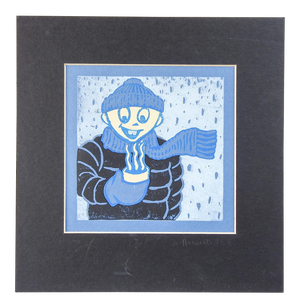 Winter Figure & Hot Chocolate Serigraph in Blue & Black