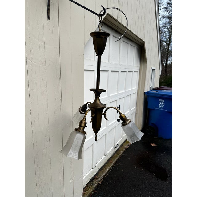 Vintage Three Arm Brass Fixture With Three Etched L Glass Shades For Sale - Image 9 of 9