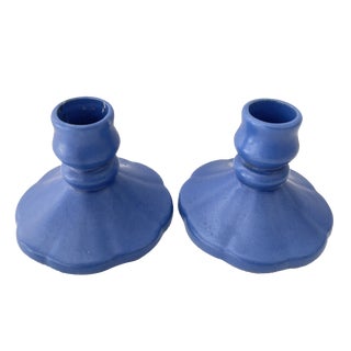 Vintage Camark Matte Blue Candle Holders - a Pair For Sale