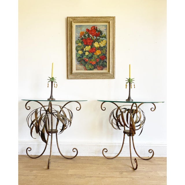 A truly stunning pair of French toleware wheat-sheaf side tables. with Demi lune shaped glass tops and scrolling feet -...
