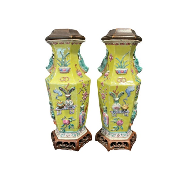 Ceramic Pair of Chinese 19th Century Famille Rose High Relief Yellow Ground Porcelain Vases For Sale - Image 7 of 7