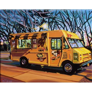 JJ's Hot Dog Truck I by Maria Mijares | Acrylic on Linen Yellow food truck in an evening setting For Sale