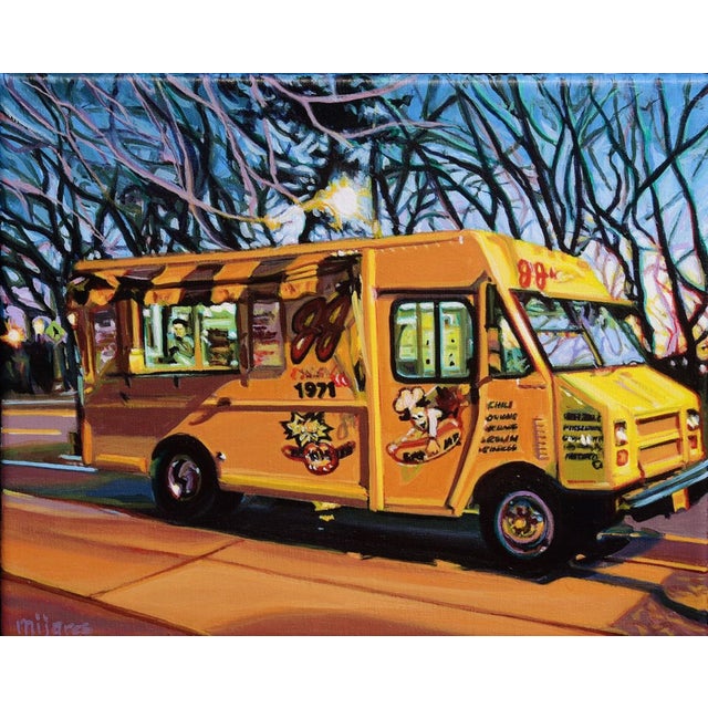 JJ's Hot Dog Truck I by Maria Mijares | Acrylic on Linen Yellow food truck in an evening setting For Sale